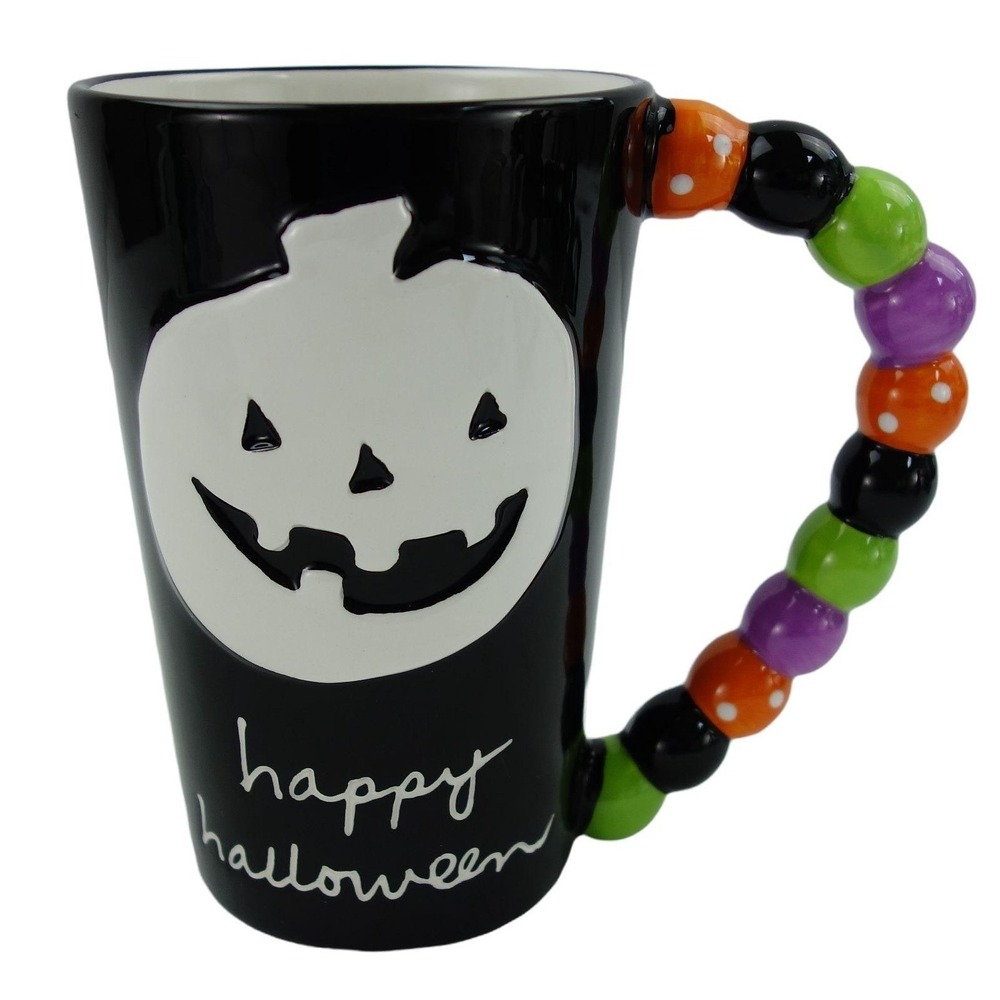 Sandra Magsamen Halloween Mug Large Black Pumpkin Beaded Handle Happy Halloween
